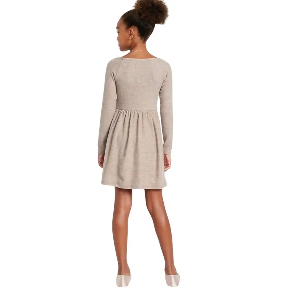 Old Navy Girls Long Sleeve Plush Ribbed Fit and Flare Dress Natural Tan L NEW